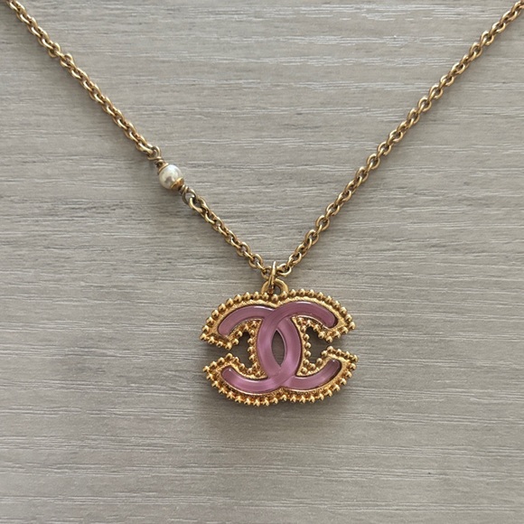 CHANEL Gold and Pink Logo Necklace - Picture 1 of 2